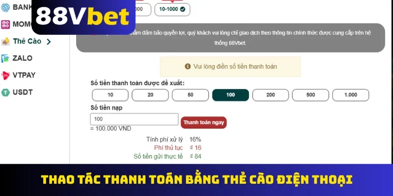 Thao tác thanh toán bằng thẻ cào điện thoại